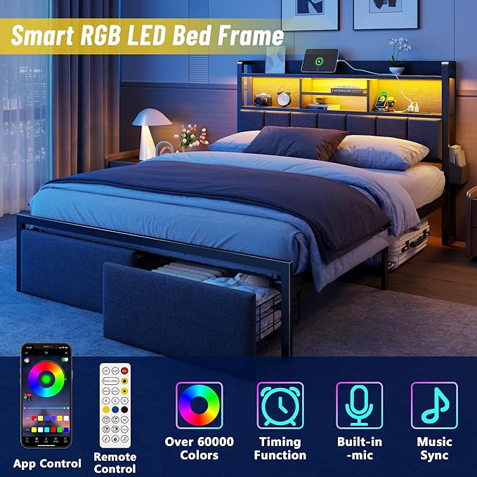 Furnulem Queen Bed Frame with Storage Drawers, Upholstered Headboard with LED Light & Charging Station, Metal Platform Bed Frame Queen Size, Noise Free, No Box Spring Needed, Black (1200 lbs Capacity)