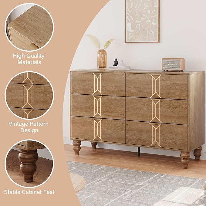 IDEALHOUSE Modern Wooden 6 Drawer Dresser with Vintage Pattern Design, Chest Dresser with Deep Drawers for Bedroom, Living Room and Entryway, Oak and Gold
