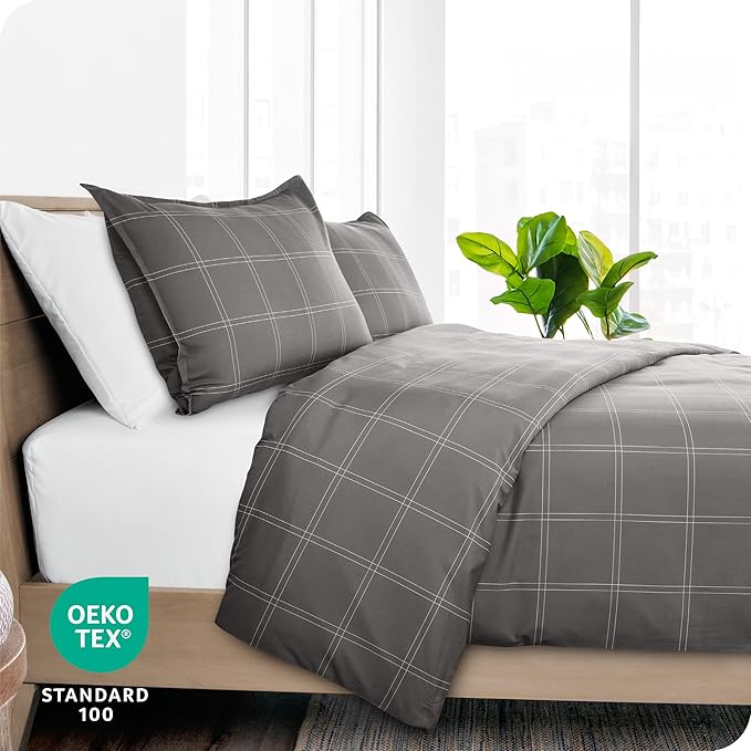 Bare Home Duvet Cover - Queen Size Bedding Set - Premium 1800 Super Soft Collection - Lightweight, Cooling - Soft Breathable Duvet Cover (Queen, Modern Plaid - Grey/White)