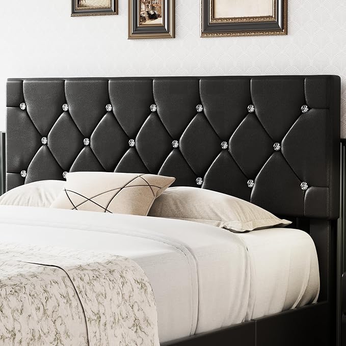 VECELO Queen Size Bed Frame with 3 Storage Drawers, Leather Upholstered with Diamond Tufted Headboard, Solid Wood Slat Support & Steel Framework, PU & Black