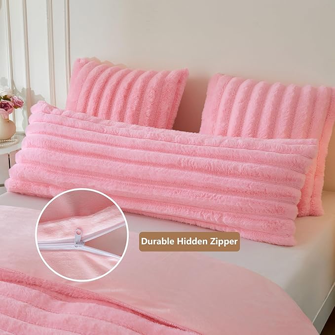 MEGO Fluffy Faux Rabbit Fur Body Pillow Cover, Soft Cozy Furry Wide Striped 20x54 Bed Pillowcase with Zipper, Home Decorative Plush Fuzzy Ribbed Long Pillow Cover for Bed Couch Sofa Bedroom, Pink