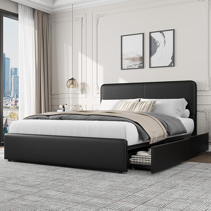 GarveeHome Modern Upholstered Platform Bed Frame with Headboard and Storage Drawers – PU Black Faux Leather, Sturdy Wooden Slats, Noise-Free, Easy Assembly – Queen Size, PU Black