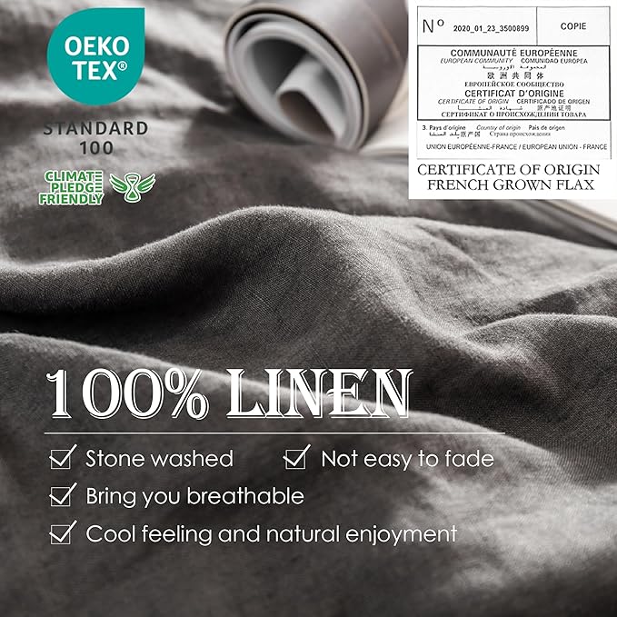 Simple&Opulence 100% Linen Duvet Cover Set 2pcs Basic Style Natural French Washed Flax Solid Color Soft Breathable Farmhouse Bedding with Button Closure - Dark Grey, Twin