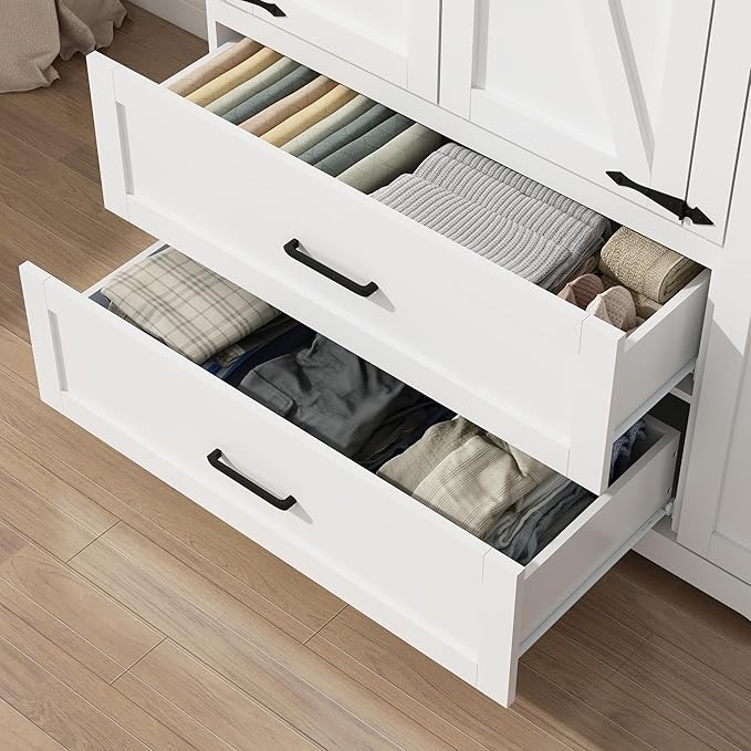 Hlivelood 3 Doors Wardrobe Armoire Closet with Doors and Drawers, Farmhouse Wooden Armoire Storage Cabinet with Shelves & Hanging Rod for Bedroom, White