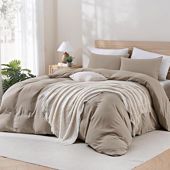 TOCOMOA Muslin Duvet Cover 100% Cotton Like Linen Texture Breathable Soft Comfy 3-Piece Taupe Comforter Cover Bedding Set (King 104"x90", Comforter Not Included)
