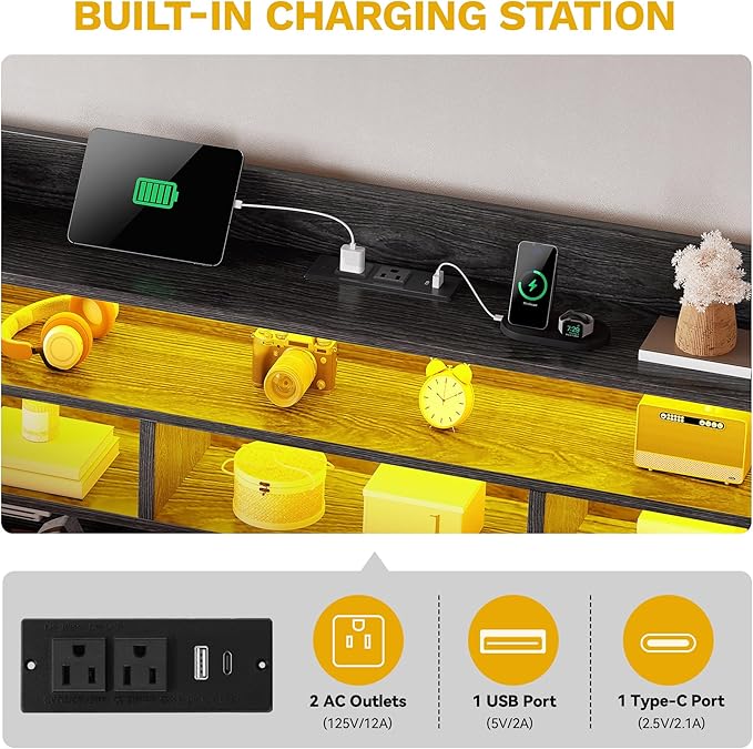 DWVO Queen Size Bed Frame with RGB LED Lights & Storage Bookcase Headboard, Upholstered Bed with Charging Station and 4 Drawers, No Box Spring Needed, Easy Assembly, Noise-Free, Velvet Grey