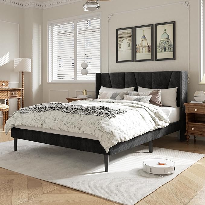 HAOARA Full Bed Frame with Headboard, Velvet Upholstered Platform Bed Frames with Wingboard, Contemporary Mattress Foundation, Noise Free, No Box Spring Needed, Easy Assembly, Black