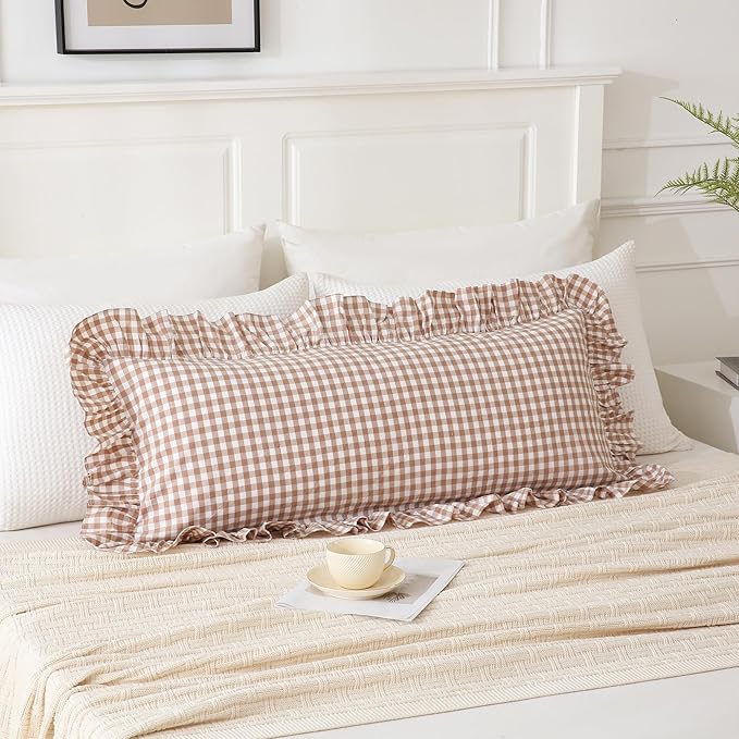 14x36 inches Taupe Plaid Ruffle Gingham Lumbar Throw Pillow Cover, Pure Cotton Decor Pillowcase French Country Vintage Fall Pillow Case for Bedding Couch