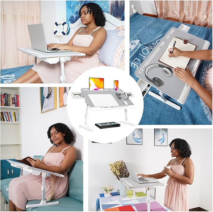 KLEAR Foldable Laptop Bed Tray Desk with Extral Drawstring Bag, Adjustable Bed Table with Heights and Angles, Lap Desk for Eating, Working, Writing, Gaming, Drawing with 2 Drawers(XL, Grey)