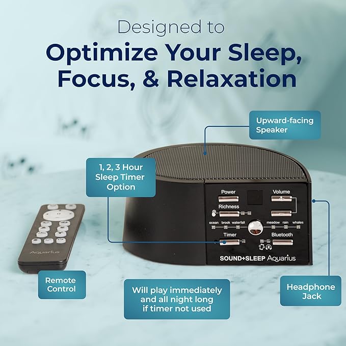 Adaptive Sound Technologies Sound + Sleep Aquarius - White Noise Machine for Focus Support - Convenient Sleep Timer - Built-in Headphone Jack - Precision Volume Settings - Includes Bluetooth - Black