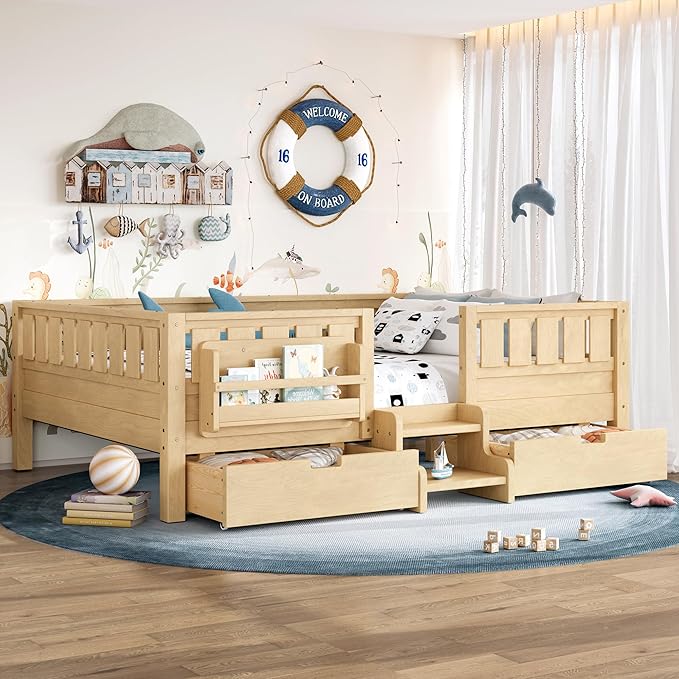 Bellemave Full Size Bed Frame with Storage Drawers & Bookshelf, Low Profile Kids Bed with Staircase & Full Length Guardrails, Solid Wood Full Size Bed Frame Kids with Slats Load 450 LBS, Natural