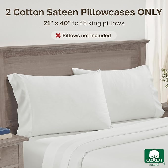 California Design Den King Size Pillow Cases Set of 2 - Premium 600 Thread Count, 100% Cotton Pillow Case King, Breathable Sateen, Fits King Pillows - Eggshell Cream