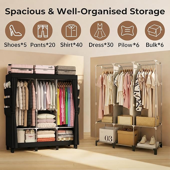 Portable Closet Wardrobe Closet for Hanging Clothes with 3 Hanging Rods for Bedroom, Non-Woven Fabric Clothes Closet for Living Room Easy Assemble (Black, 3 Columns, 51.2 inch Width)