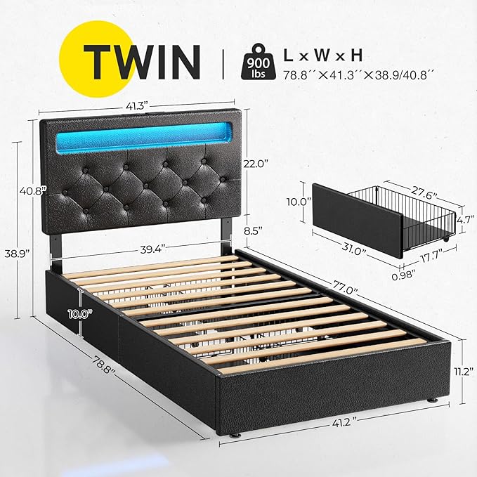 Rolanstar Twin Bed Frame with 4 Drawers and Charging Station,Twin Bed with Led Lights, 2 USB and 1 Type C, Adjustable Upholstered Headboard 38.9/40.8 Inches, Sturdy, No Box Spring Needed, Pure Black