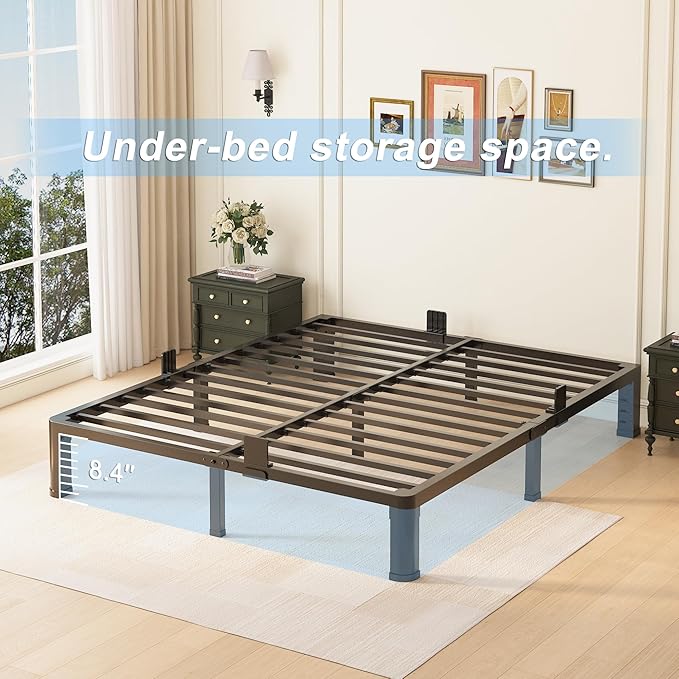 10 inch Full Size Bed Frame with Round Corner Legs and Headboard Hole Mattress Slide Stopper Low Profile Heavy Duty Metal Platform,Steel Slat Support,No Box Spring Needed,Easy Assembly,Noise Free
