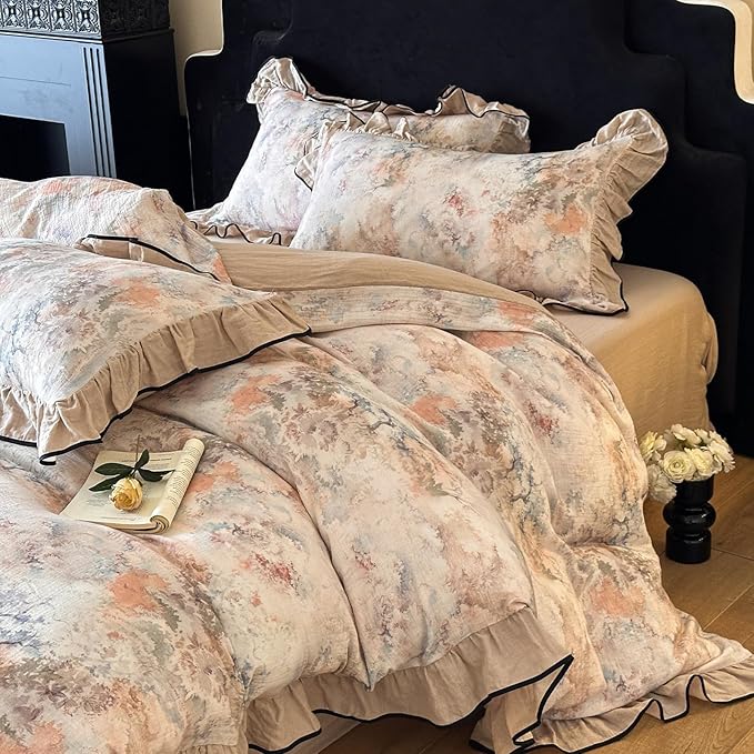 VM VOUGEMARKET Girls Ruffle Duvet Cover Set Twin Breathable Muslin Cotton Flower Duvet Cover Soft Linen Like Gauze Bedding Set-68x86 Inch