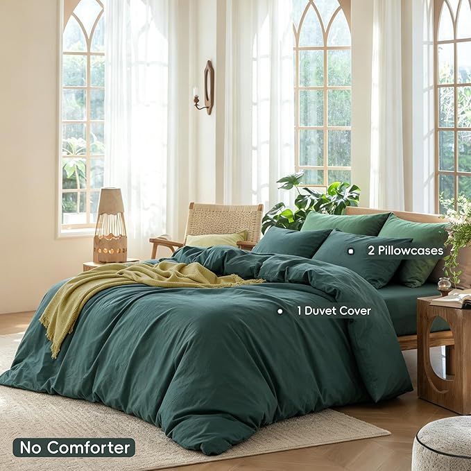MooMee Bedding Duvet Cover Set 100% Washed Cotton Linen Like Textured Breathable Durable Soft Comfy (Solid Green, Queen 90"x90")