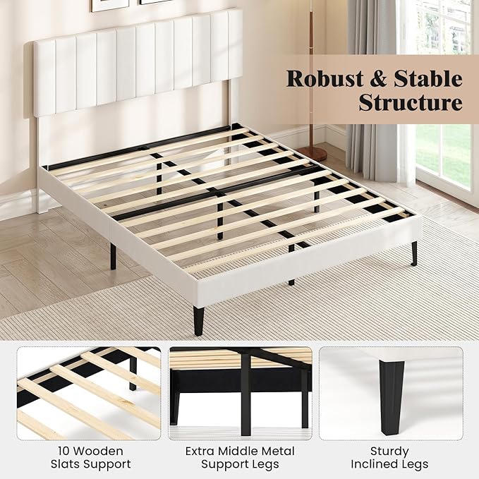 Giantex Queen Size Velvet Upholstered Bed Frame, Platform Bed with Height Adjustable Vertical Channel Headboard, Wooden Slats Support Mattress Foundation, No Box Spring Needed, Noise Free, Beige
