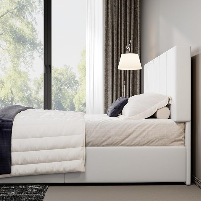 Allewie Full Size Dutch Velvet Upholstered Platform Bed Frame/Vertical Channel Tufted Adjustable Headboard/Low Profile Bed Frame/No Box Spring Needed/Easy Assembly/White