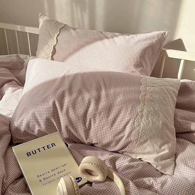 mixinni Purple White Gingham Duvet Cover Twin Size - 3 Piece Cottagecore Plaid Bedding Set with Lace Trim, Soft Washed Microfiber Vintage Aesthetic Grid Comforter Cover & Pillow Shams