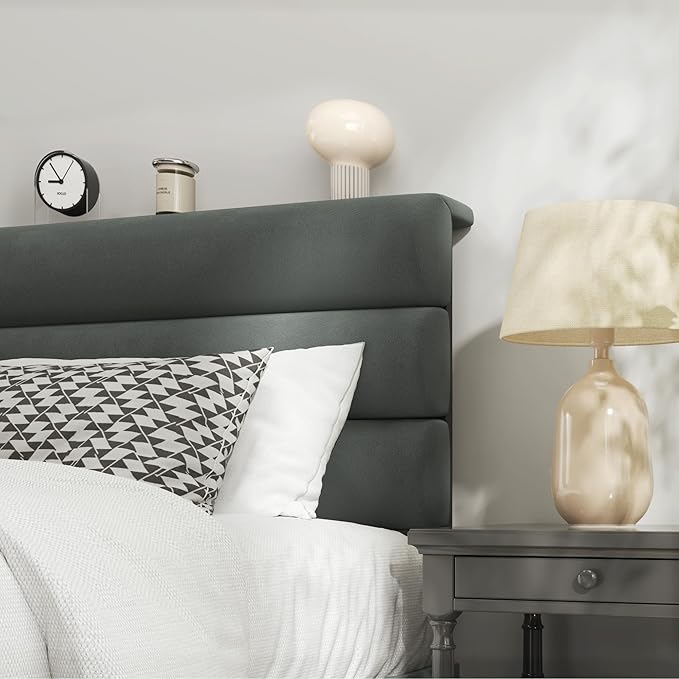 Fluest Queen Size Bed Frame, Platform Bed Frame with Velvet Upholstered Headboard, No Box Spring Needed, Sturdy Metal Support, Noise Free, Easy Assembly, Grey