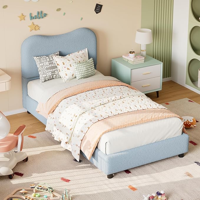 Boucle Twin Bed Frame for Kids with Upholstered Headboard, Low Profile Sturdy Platform Bed with Soft Boucle Fabric for Girls and Boys, Heavy Duty, Wooden Slats, Noise Free, No Box Spring Needed, Blue