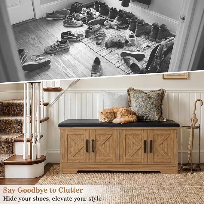 Farmhouse Shoe Storage Bench with Cushion - 43.3" Entryway Bench with Storage & 4 Barn Doors, 2-Tier Wooden Shoe Rack Bench, Shoe Cabinet & Mudroom Bench for Bedroom Hallway Living Room, Brown Oak