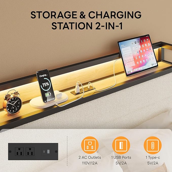 LIKIMIO Full Bed Frame with Storage Headboard and LED Lights, Metal Platform Bed with Charging Station, Noise Free, No Box Spring Needed, Under Bed Storage, Natural and Cream