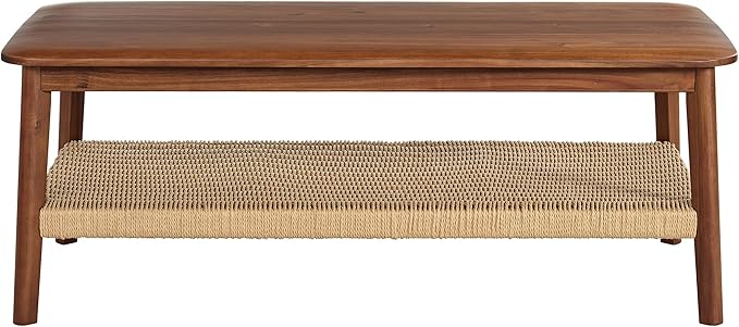 Alaterre Furniture Calais 48 Inch Rectangular Solid Wood Coffee Table with Woven Storage Shelf – Mid Century Modern 2-Tier Living Room Table (Chestnut)