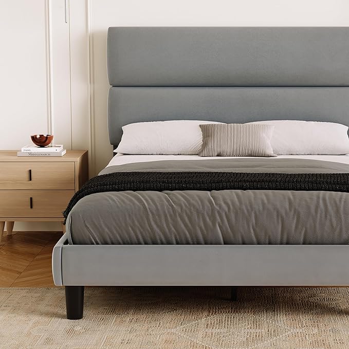 GRUSIGN Full Size Platform Bed Frame with Velvet Headboard, Adjustable Height Wooden Slats Support, Upholstered Mattress Foundation, Fits Mattress or Mattress with Box Spring, Easy Assembly, Grey