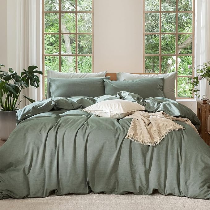MooMee Bedding Duvet Cover Set 100% Washed Cotton Linen Like Textured Breathable Durable Soft Comfy (Heathered Green, Queen 90"x90")