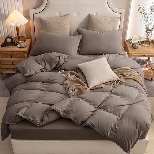 PURE ERA Jersey Knit Duvet Cover Set 100% T-Shirt Cotton Super Soft Comfy 3pc Bedding Set with Zipper Closure (Solid Brown, Cal King)