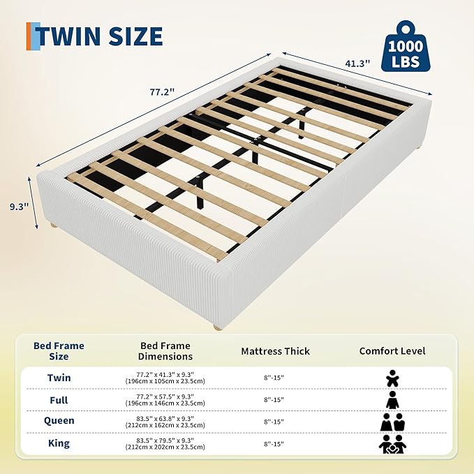 GarveeHome Twin Size Cloud Bed Frame，Corduroy Low Bed Frame Without Headboard, Thick Fabric Upholstered Platform Bed, Solid Wood Legs, No Box Spring Needed, Never Squeak, Easy Assembly, White