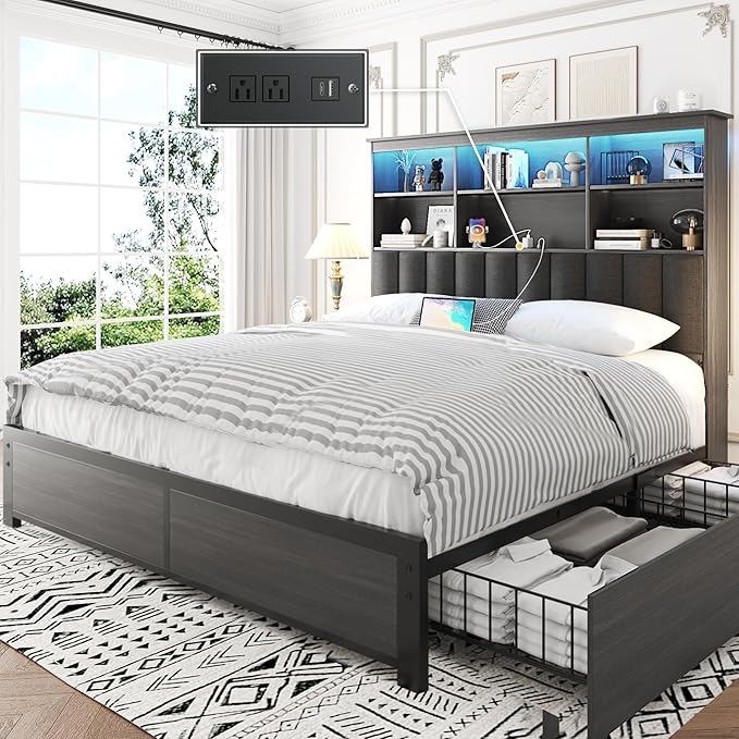 Lifezone Queen Bed Frame with Headboard, Queen Bed Frame with High Storage Bookcase Headboard, 4 Storage Drawers & Charging Station, No Box Spring Needed/Noise Free/All-Metal Support, Rustic Grey