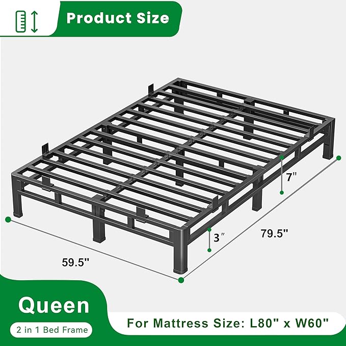 ROIL 7 Inch Queen Bed Frame, Metal Bed Frame & Box Spring 2 in 1 Platform with Round Corner Legs, 4000LBS Double Layer Low Profile Metal Platform Mattress Baffles, Noise-Free Easy Assembly
