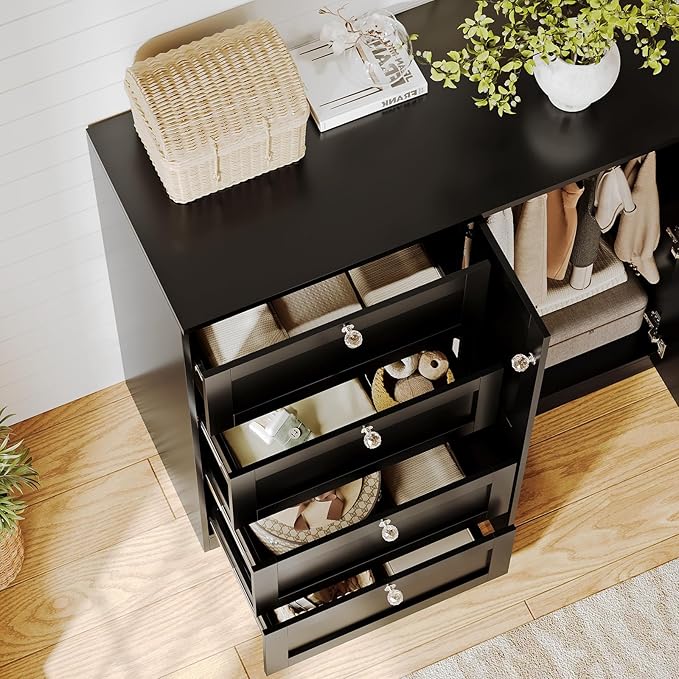 VOWNER Armoire Wardrobe Closet with 4 Drawers and 2 Doors, 43''H Clothing Storage Cabinet Dresser with Hanging Rod, Cothes Wardrobe for Bedroom, Baby Closet, Black