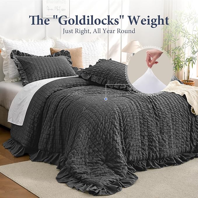 JOLLYVOGUE Black King Comforter Set, 3 Pieces Seersucker Comforters King Size, Lightweight & Fluffy Bedding Sets King for All Season with 1 Ruffle Comforter and 2 Ruffle Pillowshams