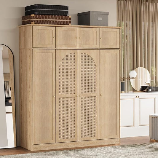4 Doors Large Armoire Wardrobe Closet with Rattan Doors, 70.87" Tall Freestanding Wooden Closet Wardrobe Cabinet with Hanging Rod and Adjustable Shelves, Clothing Storage Cabinet for Bedroom, Natural