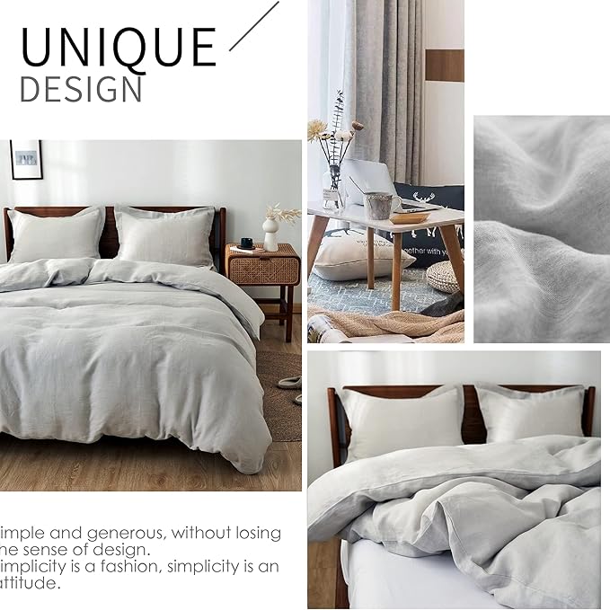 Simple&Opulence 100% Linen Duvet Cover Set 3pcs Basic Style Natural French Washed Flax Solid Color Soft Breathable Farmhouse Bedding with Button Closure - Light Grey, Queen