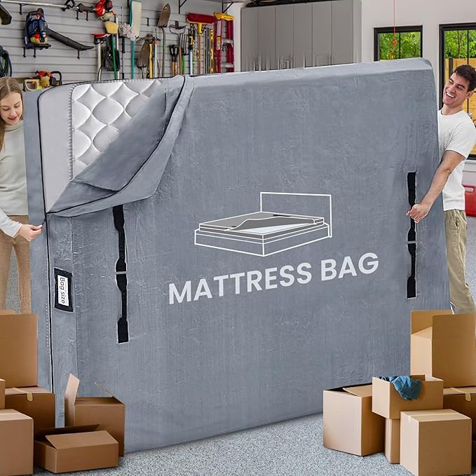 Mattress Bags for Moving and Storage, BETU Full Size Waterproof Mattress Protector Mattress Cover with 8 Heavy Duty Handles and Zipper Extra Thick Moving Supplies for Bed Reusable (77x57x13.5 Grey)