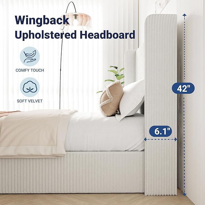 Allewie King Lift-Up Storage Bed Frame with Modern Wingback Headboard, Corduroy Upholstered Platform Bed, Hydraulic Gas Lift Support, Underbed Storage, Wooden Slats, No Box Spring Needed, White