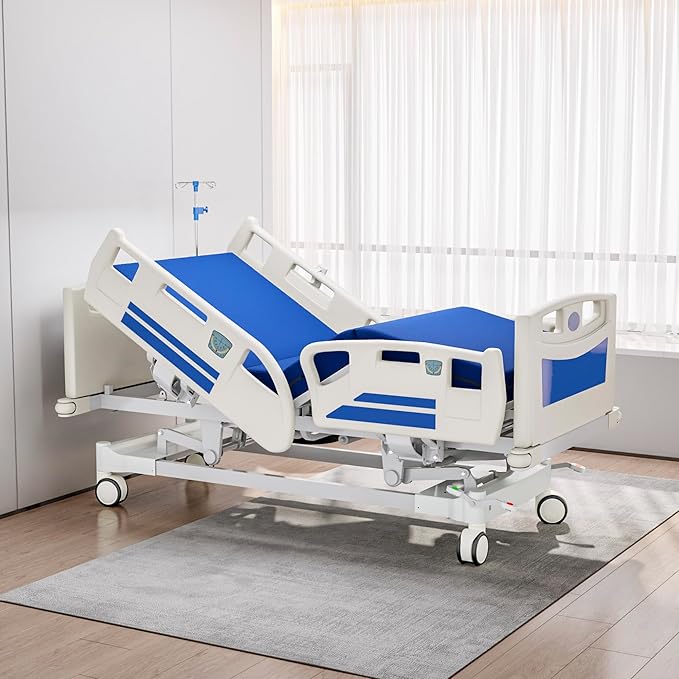 Premium Full Electric Hospital Bed for Home Use, 5 Function Medical Bed with 4.7” Foam Mattress, Height Adjustable, Central Locking System, Includes Sheets (2X) (5 Function Pro)