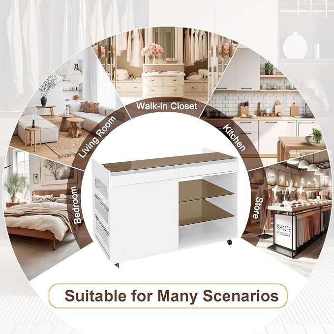 Movable Storage Cabinet Island, 43.3" Multi-Functional Island with 3 Side Drawer, a Reversible Top Storage Space and Two Glass Display Shelves, Vanity Table