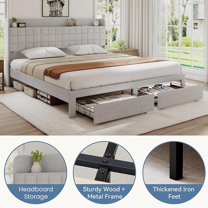 DUMOS King Size Upholstered Platform Bed Frame, King Bed with Storage Drawers and Fabric Headboard, Wooden Slats Support, 1323 lbs Weight Capacity, No Box Spring Needed, Easy Assembly, Beige