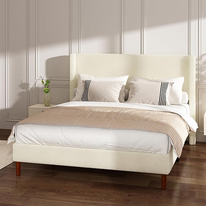 Full Boucle Bed Frame, Platform Bed with Upholstered Wingback Headboard, Strong Wooden Slats Support, Noise-Free, No Box Spring Needed, Easy Assembly, Beige
