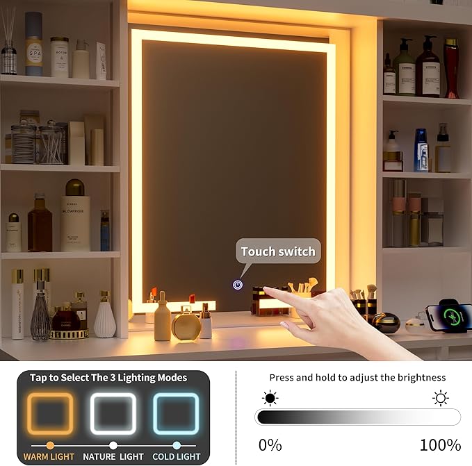 COWMOU Tall Vanity Desk with LED Mirror and RGB Lights Shelves, White Makeup Vanity with Power Outlet, Vanity Table with 5 Sliding Drawers & 2 Cabinets for for Bedroom and Dressing Room
