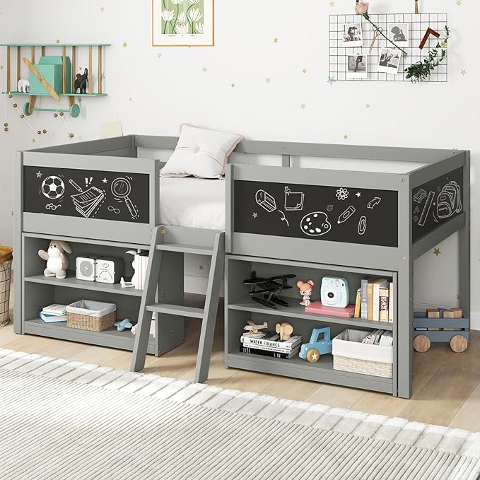 Giantex Low Loft Bed Twin Size, Wooden Loft Bed with Ladder & Blackboard, Twin Bed Frames for Kids with Storage 2 Bookcases and Play Space, Grey