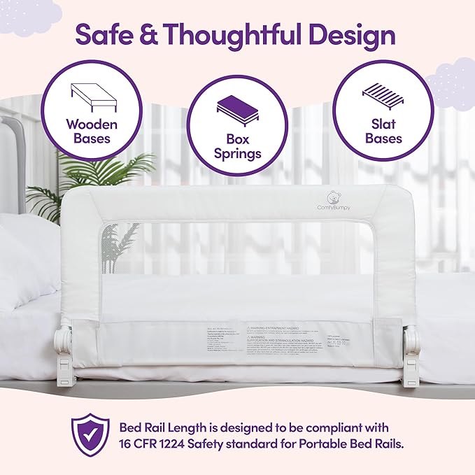 ComfyBumpy 1-Pack Bed Rail for Toddlers 35.5" L x 19.5" H | Toddler Bed Rails for Twin, Full & Toddler Mattress Size | Swing Down Rail Guard | Mattress Side Rail for Kids | White