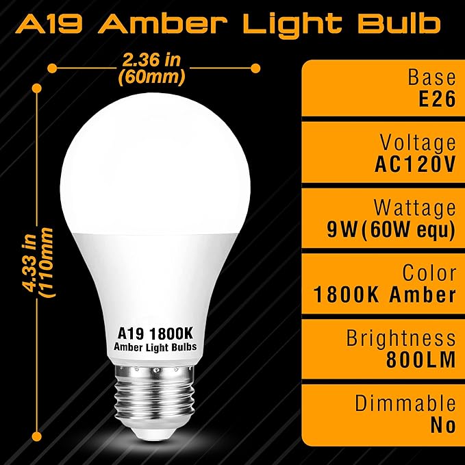 Amber Sleep Light Bulbs 1800K, A19 9W Amber Light Bulb 60W Equivalent, Blue Light Blocking 800lm, E26 Bright Warm Light Bulb for Healthy Sleep, Bedroom, Porch, Patio Lighting, Non-Dimmable, 2 Pack
