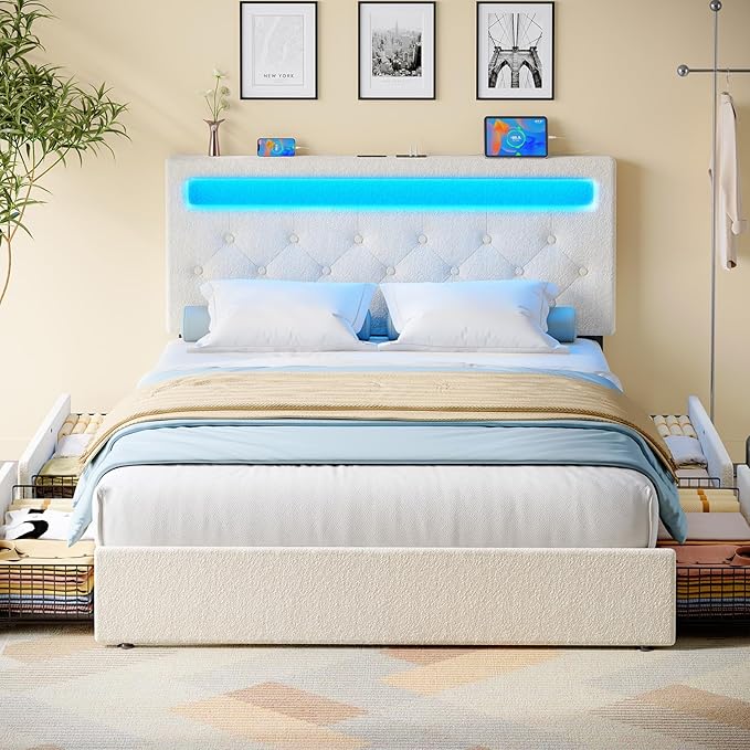 Rolanstar Queen Bed Frame with 4 Drawers and Charging Station,Twin Bed with Led Lights, Adjustable Upholstered Headboard 38.9/40.8 Inches, Sturdy, No Box Spring Needed, Natural White